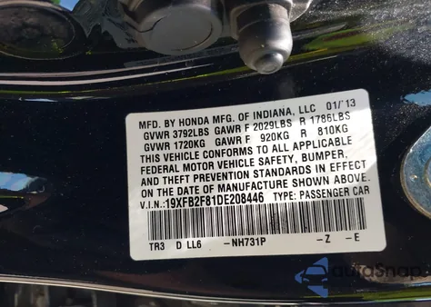 2013 Honda Civic Ex from USA, damaged, VIN 19XFB2F81DE208446